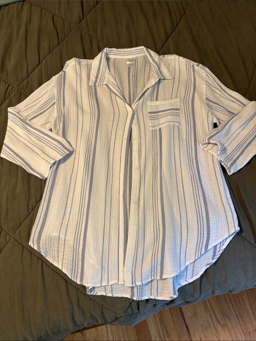 Kona Sol Beach Coverup Lightweight Blue and White Striped Button-Up Shirt - M